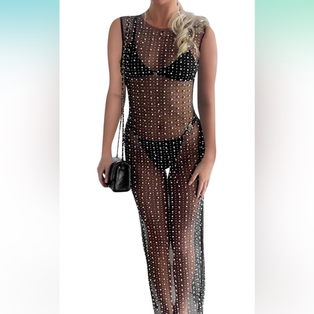 Tank bedazzled mesh coverup/dress